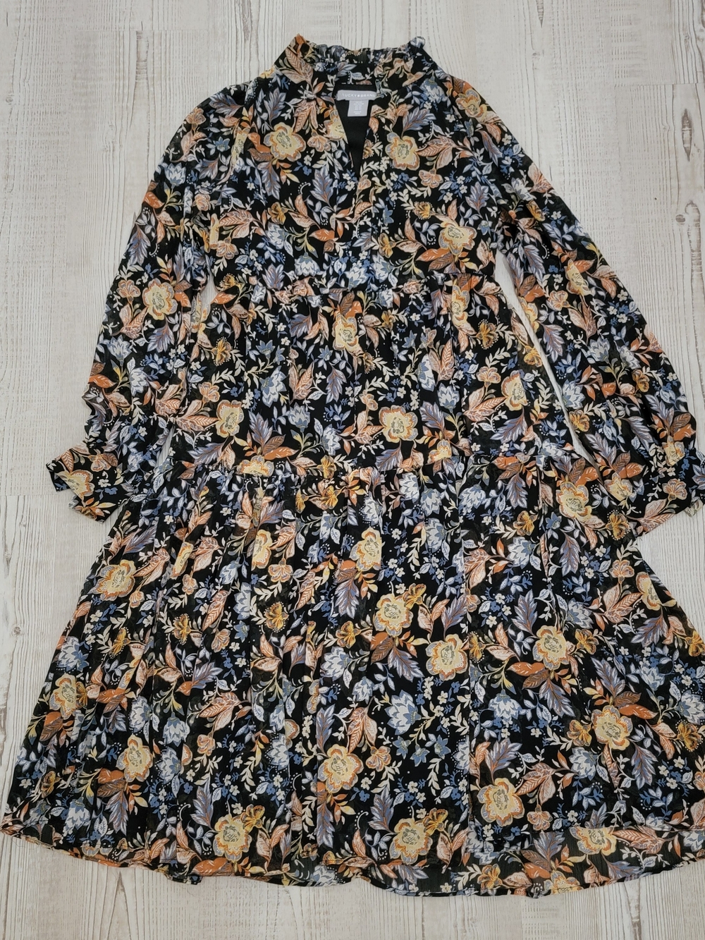 Lucky Brand Floral Midi Dress XS Romantic Feminine Prairie Cottagecore Boho
